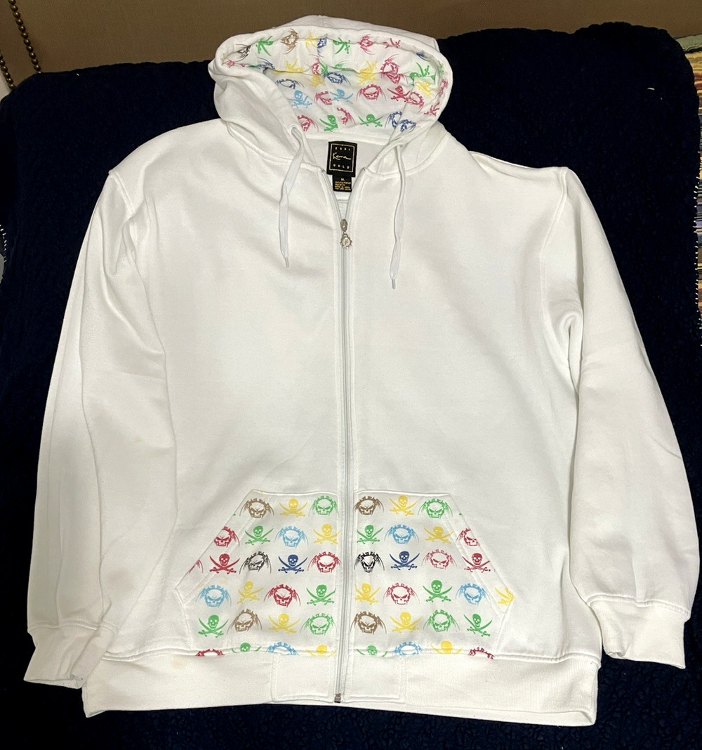 Karl Kani Gold White Hoodie Zip Front Studded Skull Back Size XL Vintage Y2K